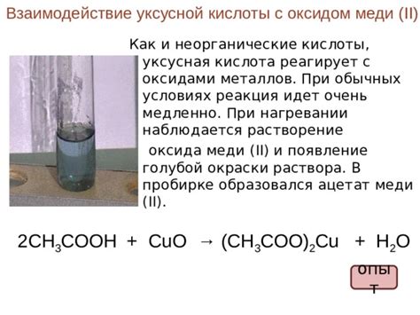 Взаимодействие уксусной кислоты с медью