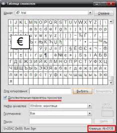 Символы на интерфейсе
